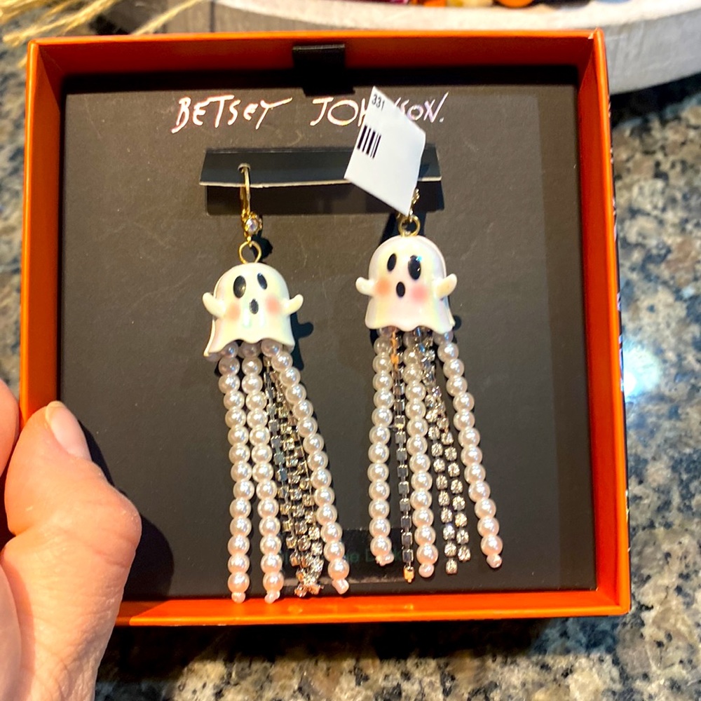 Betsey Johnson Ghost tassels//rhinestone ear-rings. Halloween gift!